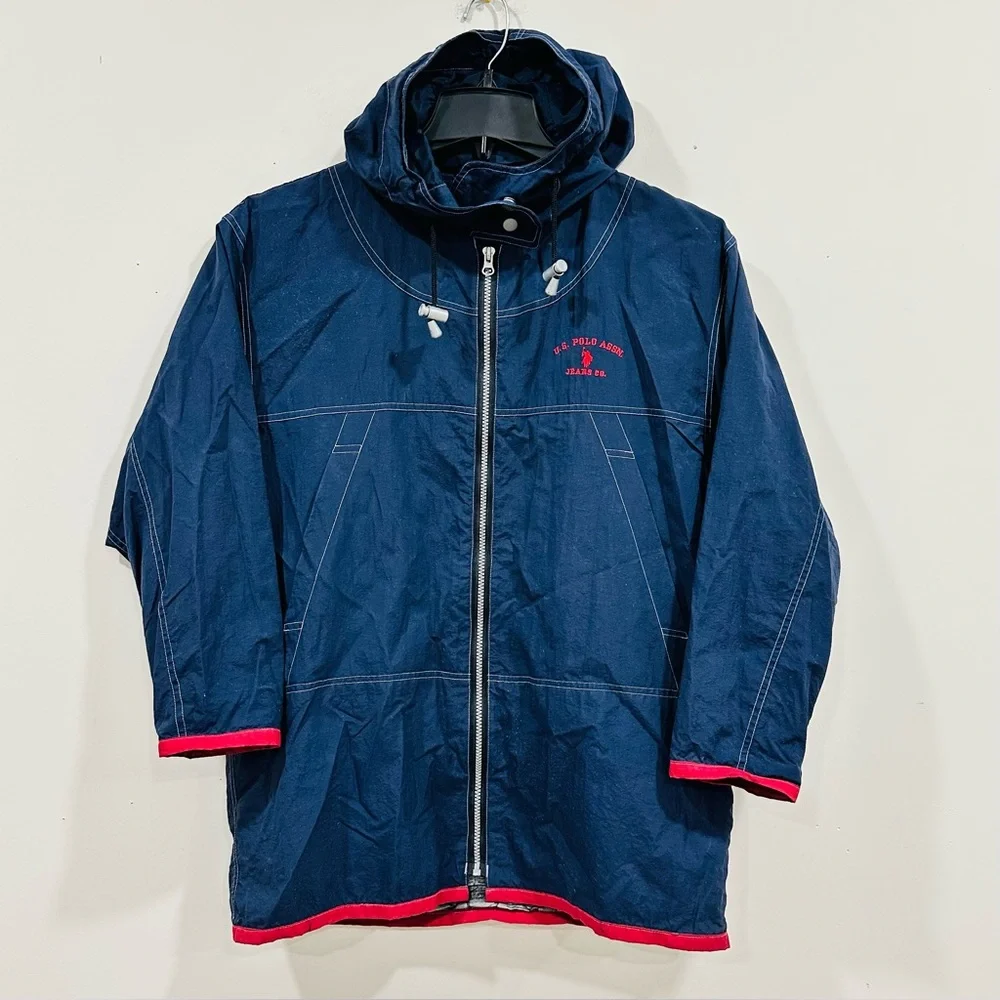 VINTAGE US Polo Assn. Jacket Mens Sz XL‎ Blue Full Zip Windbreaker Hooded Hiking